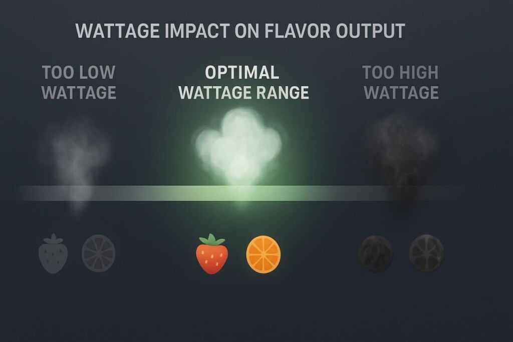  An infographic showing the effect of wattage on flavor: low wattage produces weak, faded vapor; optimal wattage gives vibrant clouds and clear flavor; high wattage results in burnt, harsh vapor with distorted flavor notes.