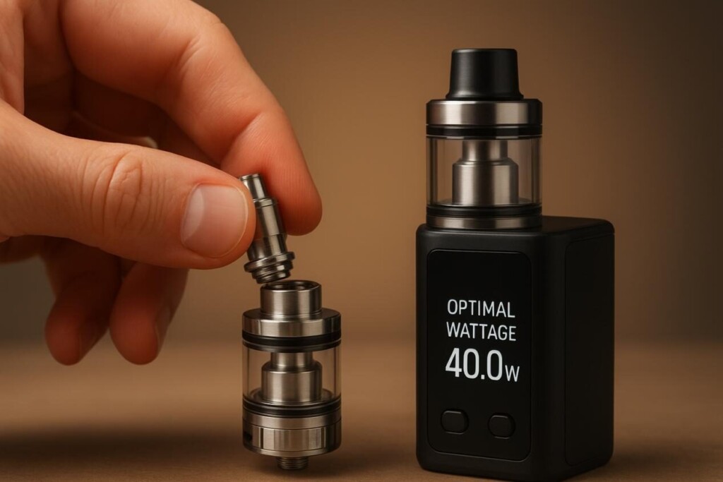 A close-up of a hand inserting a new vape coil into a clear tank, next to a vape mod displaying optimal wattage, symbolizing proper maintenance and informed vaping practices.