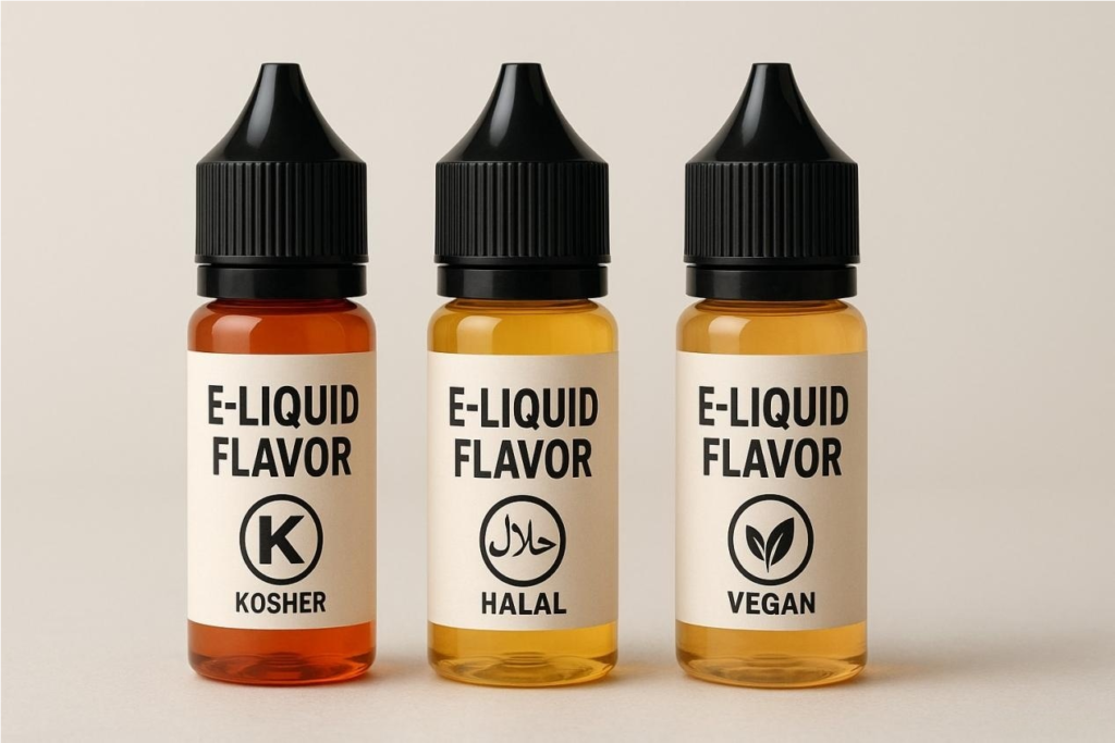 E-liquid flavor bottles displaying Kosher, Halal, and Vegan certification badges to signal compliance and trust.