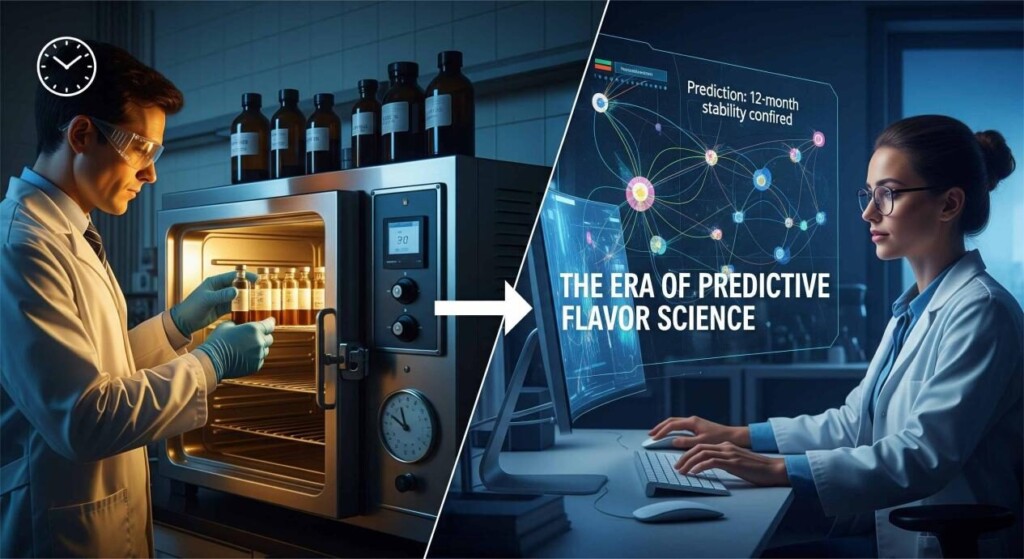 An infographic comparing two scenes. On the left, a traditional lab shows a scientist checking vials in an aging oven. On the right, a futuristic data scientist looks at a computer screen with a neural network diagram and a digital readout that confirms 12-month stability. An arrow with the title "The Era of Predictive Flavor Science" connects the two scenes.
