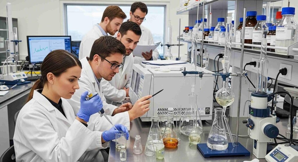 A group of scientists collaborating in a modern laboratory, surrounded by beakers and analytical equipment, embodying serious scientific inquiry.