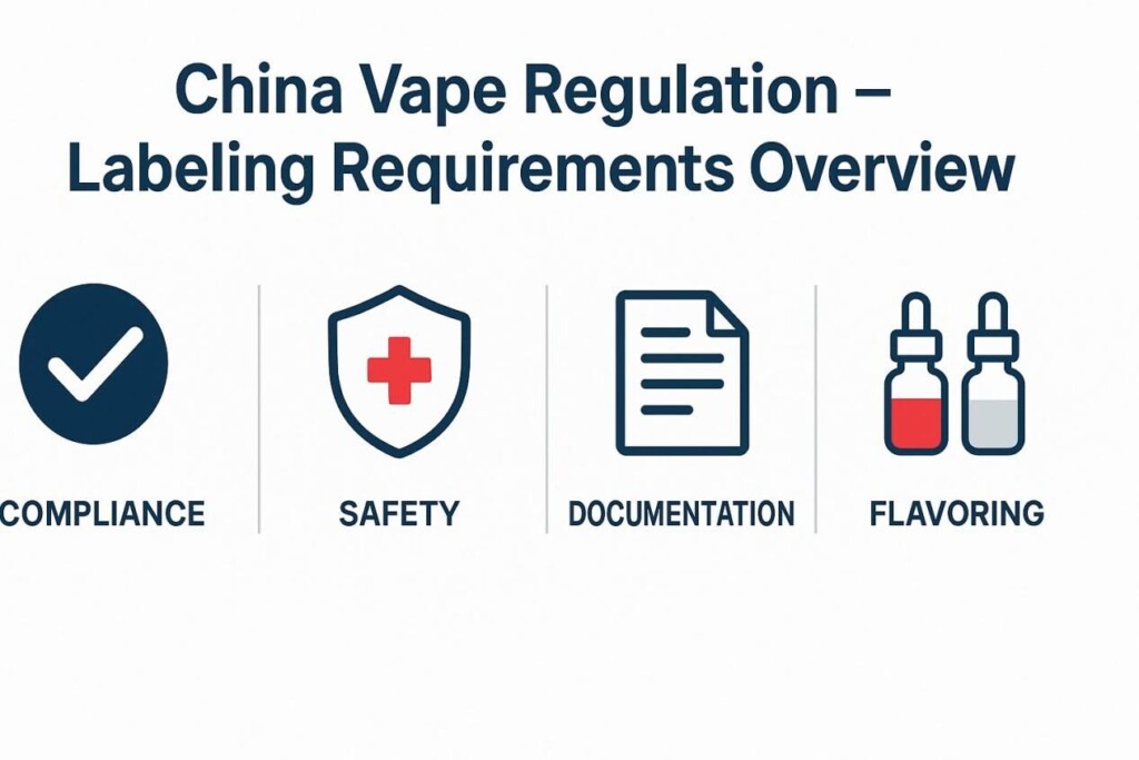 Infographic showing China vape labeling requirements with icons for compliance (checkmark), safety (shield with red cross), documentation (paper sheet), and flavoring (two vape liquid bottles).