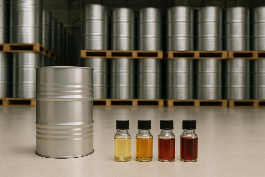 Warehouse with large flavor drums and small bottles symbolizing MOQ vs. flexibility in vape flavor production.