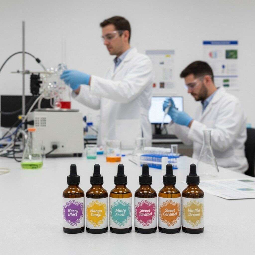 E-liquid bottles on a lab bench with analysts working on flavor samples.