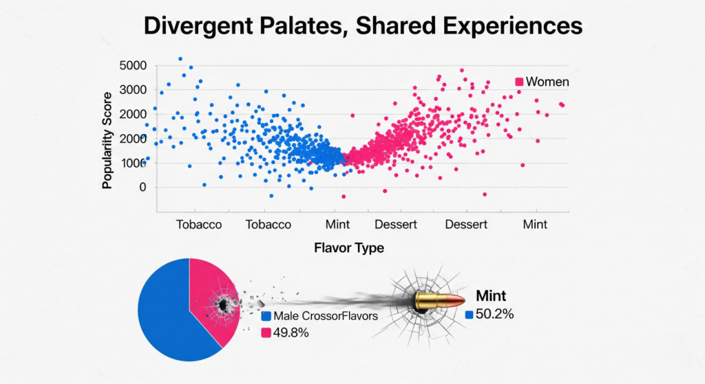A two-part graph titled "Divergent Palates, Shared Experiences." The top part is a scatter plot with "Popularity Score" on the Y-axis and "Flavor Type" on the X-axis. Blue dots represent men's preferences, clustered around "Tobacco" and "Mint." Pink dots represent women's preferences, clustered around "Sweet" and "Dessert." The bottom part is a pie chart for "Mint" flavor, showing a near 50/50 split between male and female consumers.