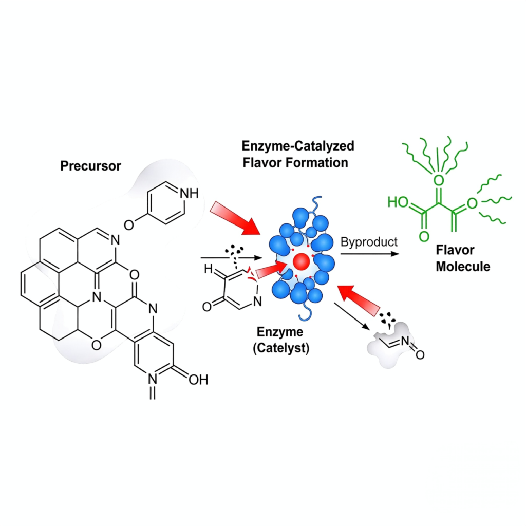 A scientific diagram showing an enzyme acting as a catalyst to convert a larger precursor molecule into a smaller flavor molecule.