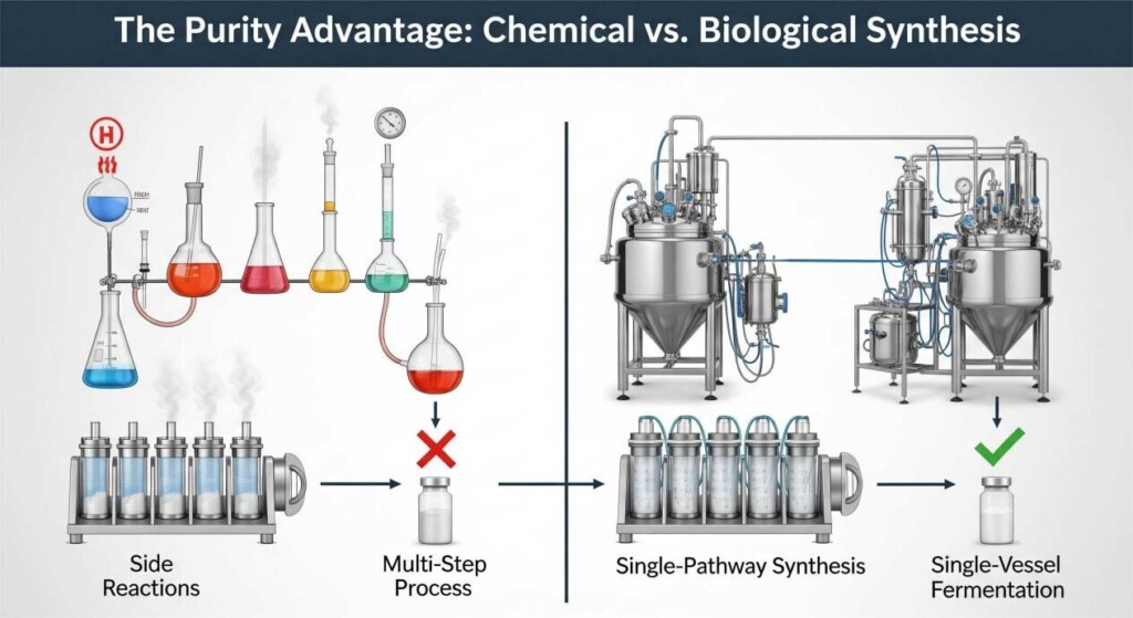 A side-by-side technical comparison diagram titled "The Purity Advantage: Chemical vs. Biological Synthesis." On the left, a multi-step traditional chemical synthesis process is shown with flasks, high heat symbols, and a final vial with a red "X" representing impurities and side reactions. On the right, a single-vessel fermentation biotech process is shown with a large bioreactor, followed by a series of clean filtration steps, and a final vial with a green checkmark representing high purity and single-pathway synthesis.