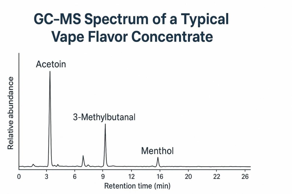 GC–MS spectrum chart of a typical vape flavor concentrate, showing peaks for acetoin, 3-methylbutanal, and menthol with retention time on the x-axis and relative abundance on the y-axis.