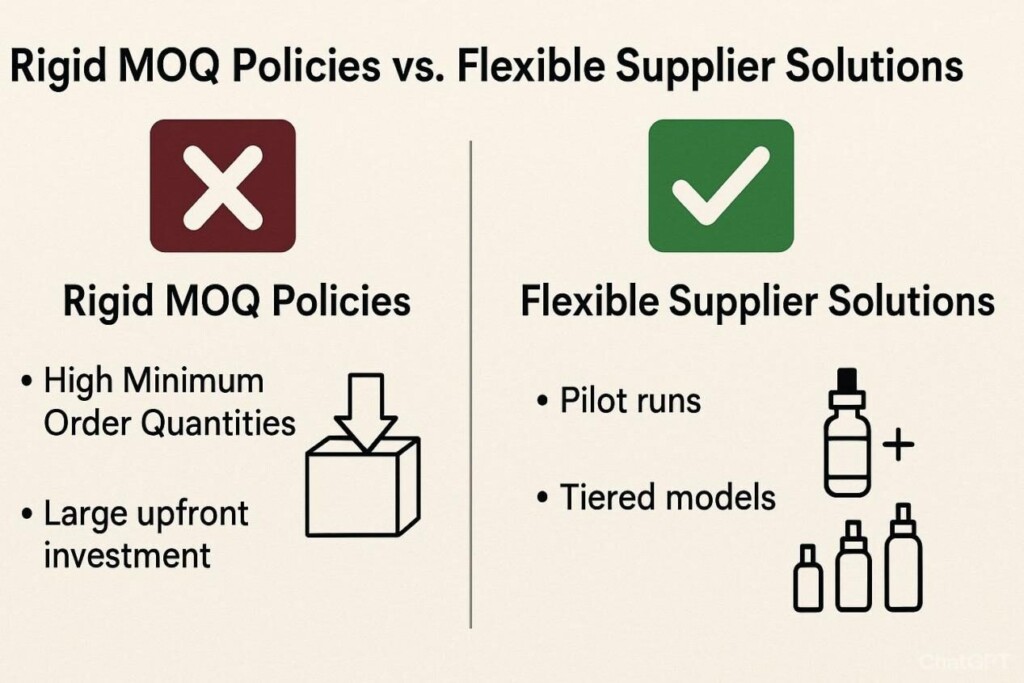 Infographic comparing rigid MOQ policies with flexible supplier solutions in vape flavor sourcing. Left side shows rigid MOQ barriers with high minimums and upfront investment marked with a red X, while the right side highlights flexible options like pilot runs and tiered models marked with a green check.