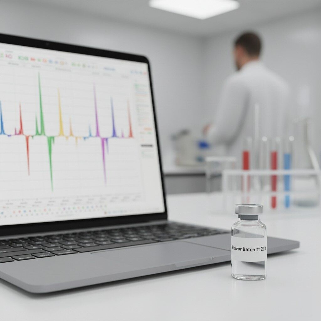 GC–MS chromatogram on a laptop screen beside a labeled flavor sample vial.