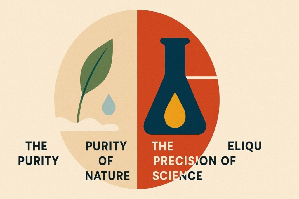 Circular abstract illustration divided in half; the left side in earthy tones shows a leaf, a dew drop, and a soft wavy vapor line, while the right side in bold colors shows a geometric beaker, a bright liquid drop, and a sharp vapor line. A central divider reads: "The Purity of Nature vs. The Precision of Science."