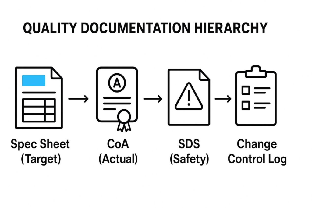 Flowchart showing the hierarchy of quality documents: Spec Sheet (Target) → CoA (Actual) → SDS (Safety) → Change Control Log, each represented with professional icons and connected by arrows.