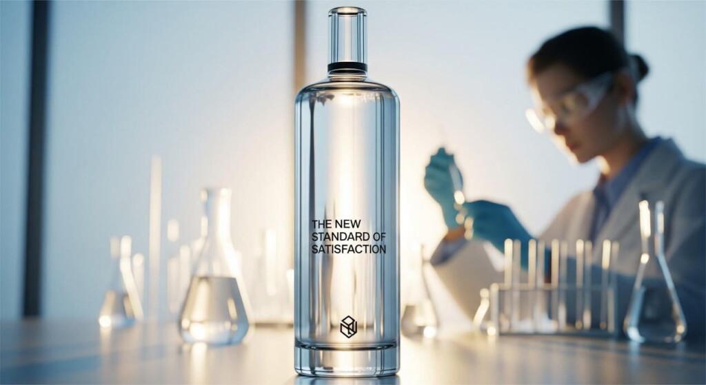 A high-quality, close-up photograph of a single, clear bottle containing a nicotine-free product. The bottle is well-lit, and the title "The New Standard of Satisfaction" is visible on the label. In the background, a blurred, out-of-focus image of a scientist at a lab bench suggests a foundation of scientific rigor.