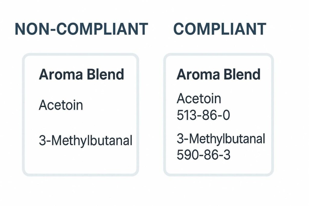 Side-by-side comparison of aroma blend labels showing a non-compliant version missing CAS numbers and a compliant version with correct CAS number formatting for each compound.