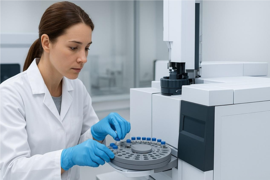 Lab technician analyzing e-liquid flavor samples on GC–MS equipment for certification evidence.
