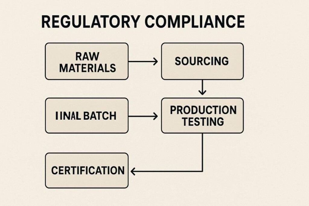 Compliance flowchart illustrating vape flavor sourcing steps from raw materials to sourcing, production testing, final batch testing, and certification.