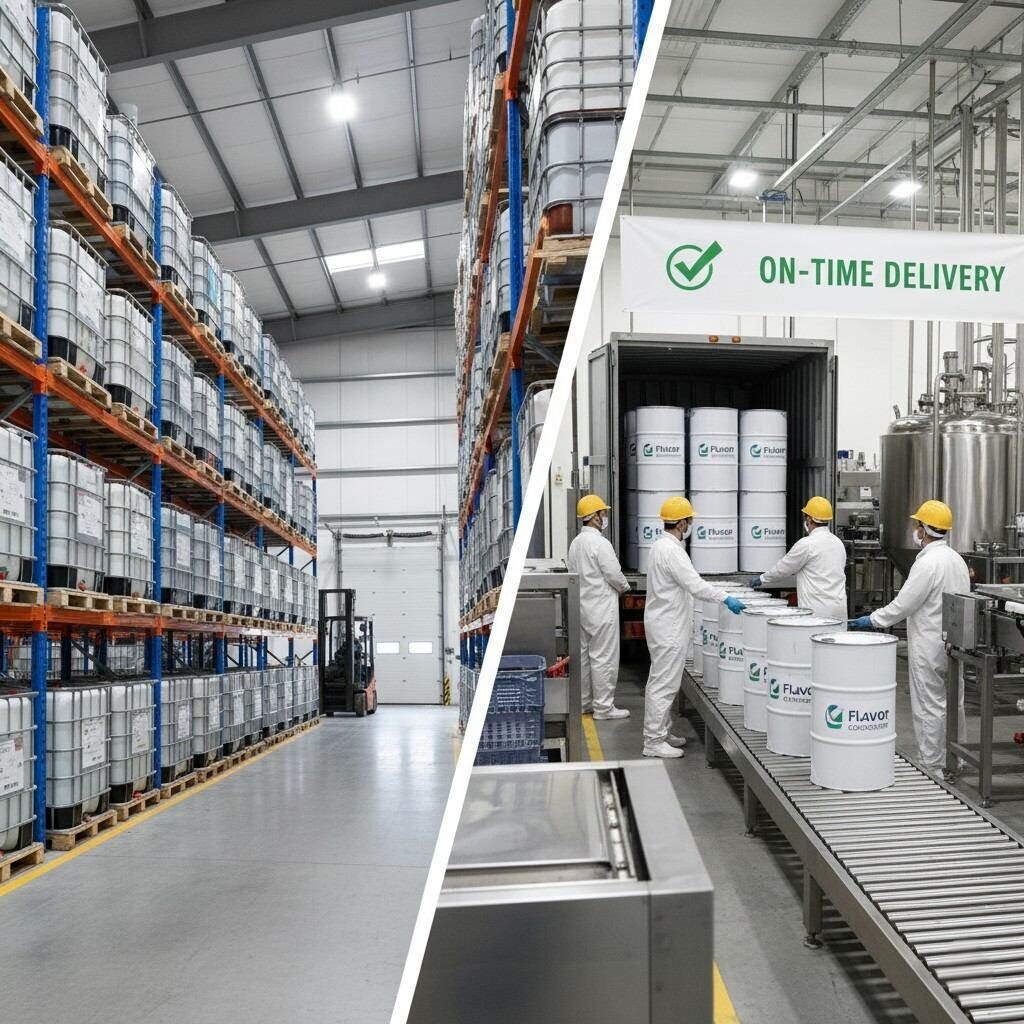 Regional warehouse and production line receiving consignment flavor delivery.