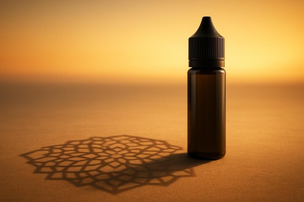 A sleek modern e-liquid bottle casting a shadow that forms an intricate Middle Eastern geometric pattern, set against a glowing golden horizon, symbolizing cultural respect, global reach, and future opportunity.