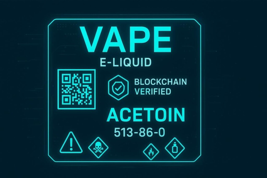Futuristic digital vape label design featuring QR code, blockchain verification icon, chemical safety hazard symbols, and ingredient listing with CAS number in glowing teal on a dark background.