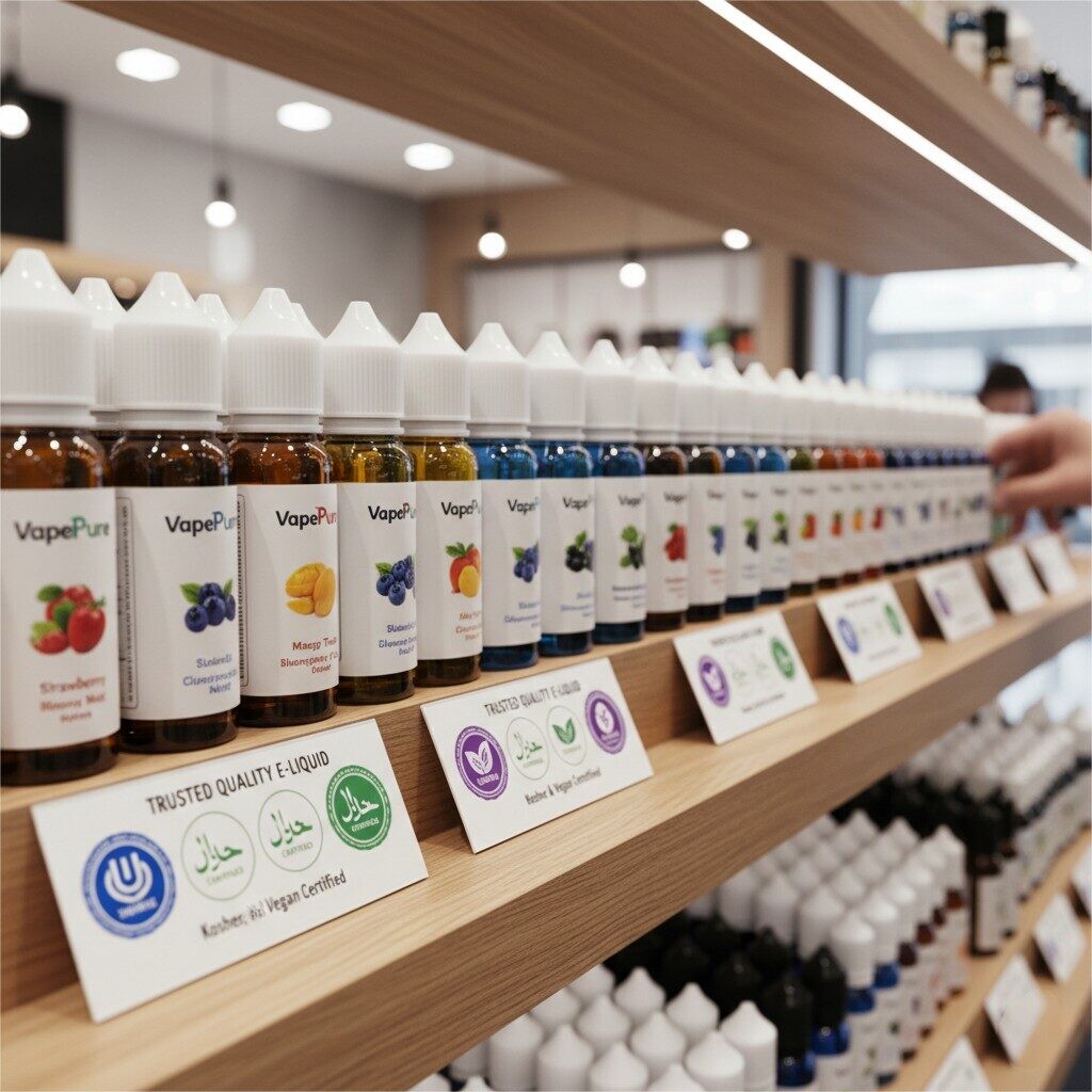 Retail shelf display of certified e-liquid products showing Kosher, Halal, and Vegan badges to communicate trust to shoppers.