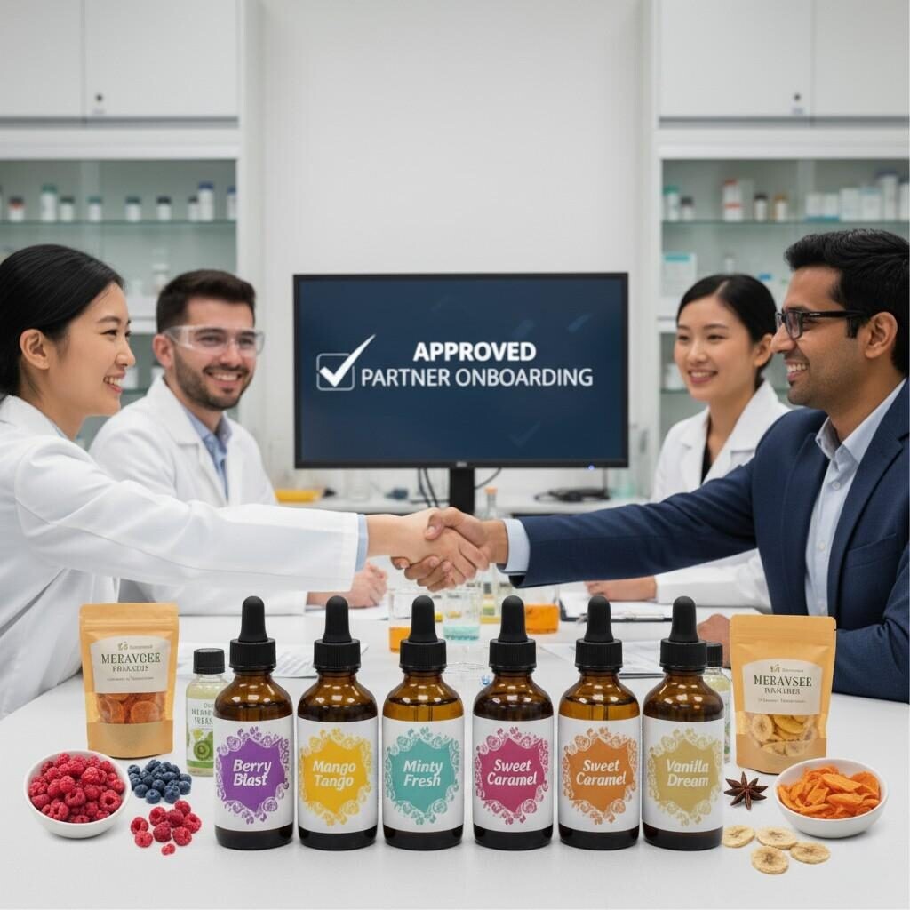 R&D team and supplier shaking hands over approved e-liquid flavor samples.
