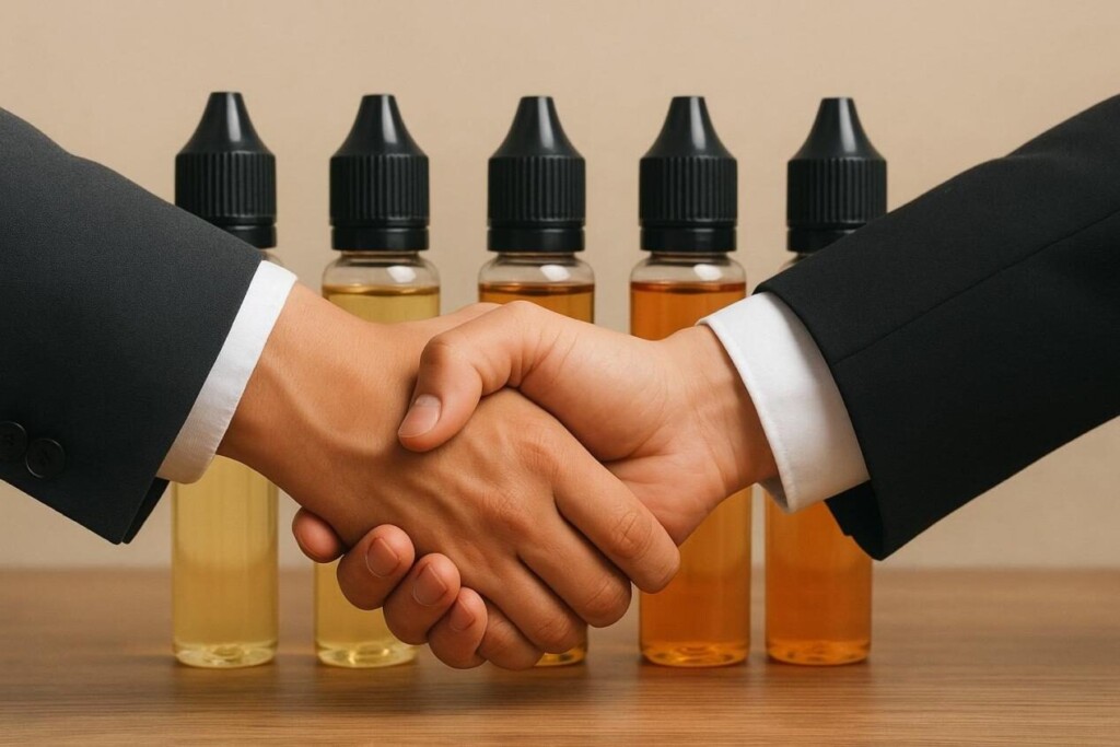 Business handshake overlaid with vape e-liquid bottles, symbolizing balanced MOQ policies and flexible partnerships in flavor sourcing.