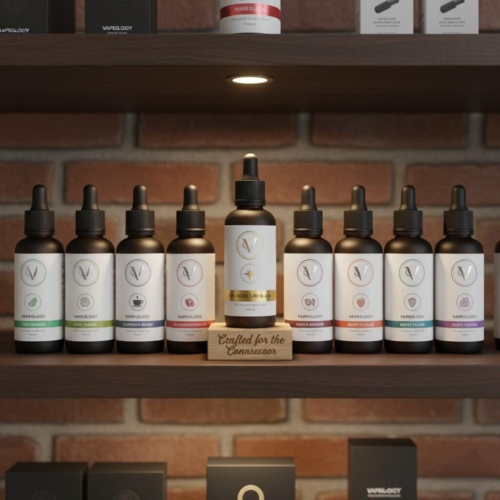 A compelling retail display featuring a branded e-liquid line, showcasing a consistent visual identity and prominently highlighting a "signature flavor" hero SKU, emphasizing flavor as a core aspect of brand identity.