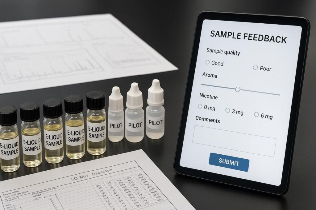 Realistic lab scene featuring labeled e-liquid sample vials, pilot bottles, GC–MS analytical printouts, and a tablet displaying a digital sampling feedback form — perfect for illustrating e-liquid quality testing and evaluation workflows.
