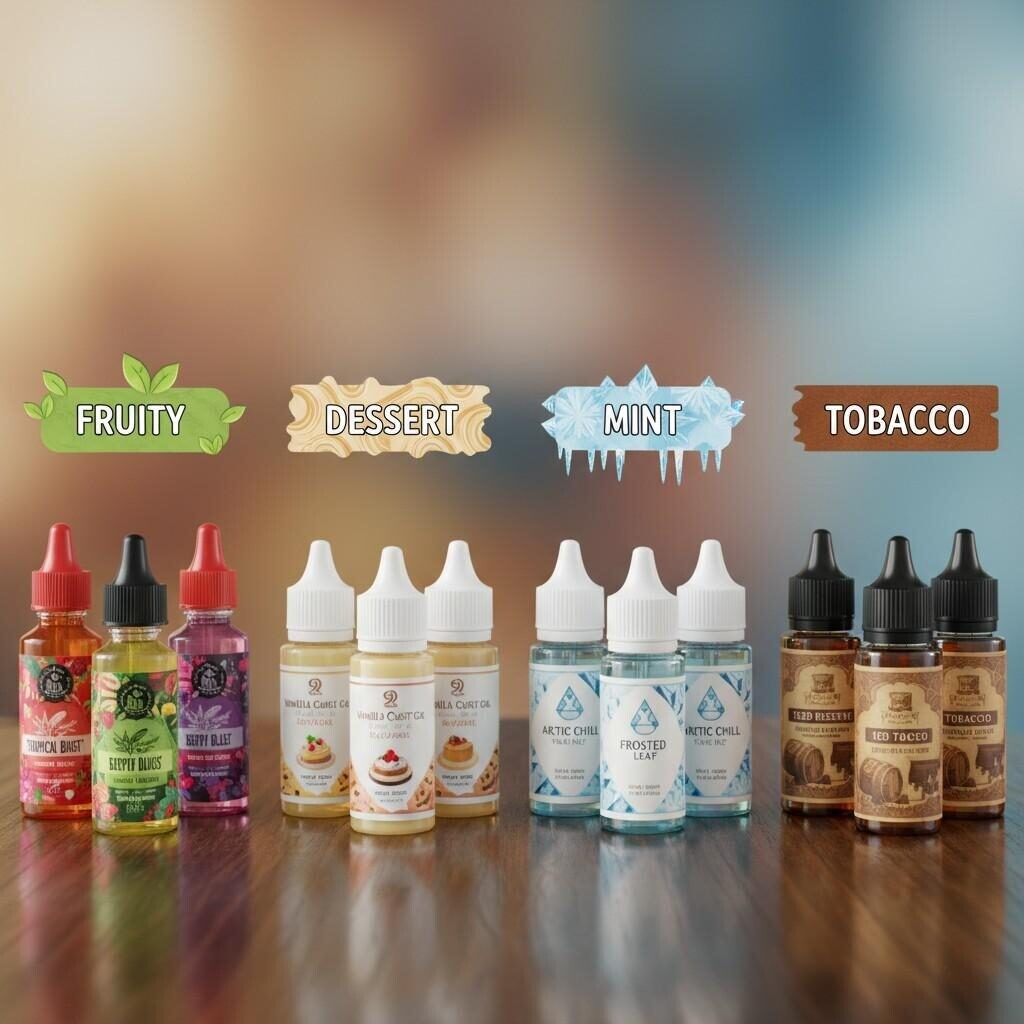 A professional image showcasing the diverse world of e-liquid, featuring bottles organized by distinct flavor categories: Fruity, Dessert, Mint, and Tobacco. Highlights the variety in color, branding, and bottle design across different flavor profiles.
