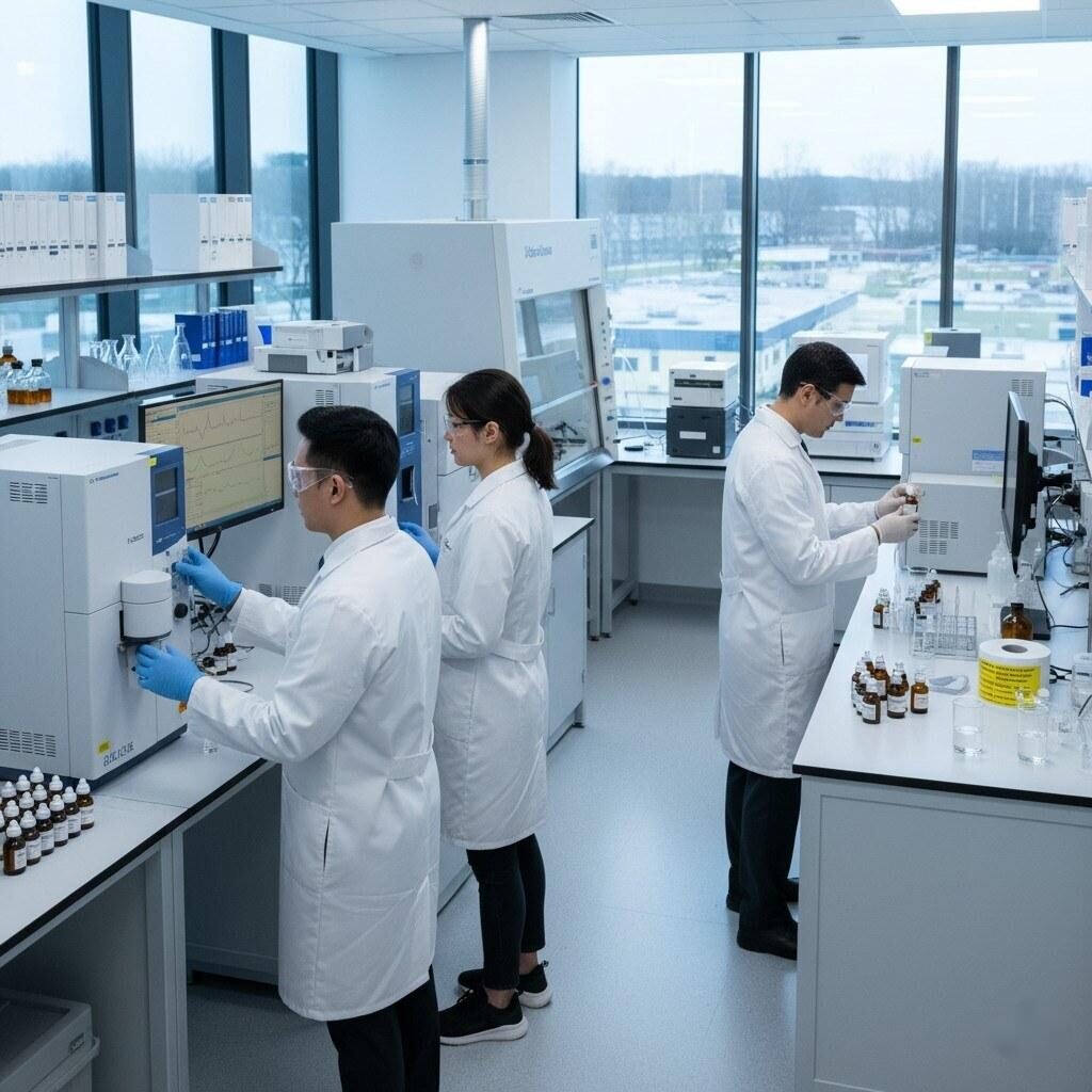 A high-resolution image capturing a modern laboratory scene where scientists are actively involved in e-liquid formulation and compliance testing. The image shows researchers utilizing a GC-MS instrument for detailed analysis of flavor ingredients and meticulously labeling e-liquid bottles, emphasizing precision and adherence to safety and regulatory standards in the development of vaping products.