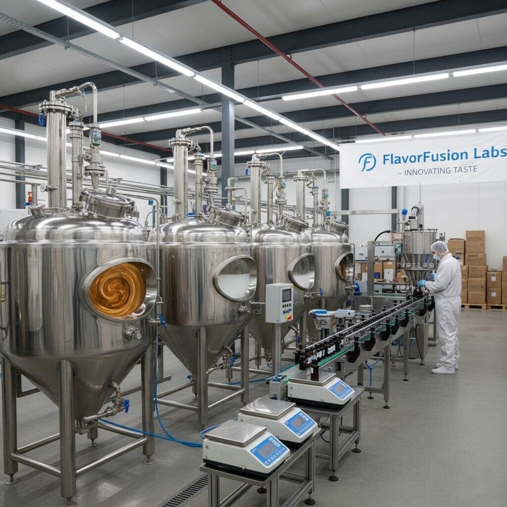 Explore a high-resolution image of FlavorFusion Labs' cutting-edge e-liquid flavor production line, featuring gleaming stainless-steel mixing tanks, precise weighing systems, and efficient automated filling equipment in full operation. Witness the meticulous process behind creating premium e-liquid flavors.