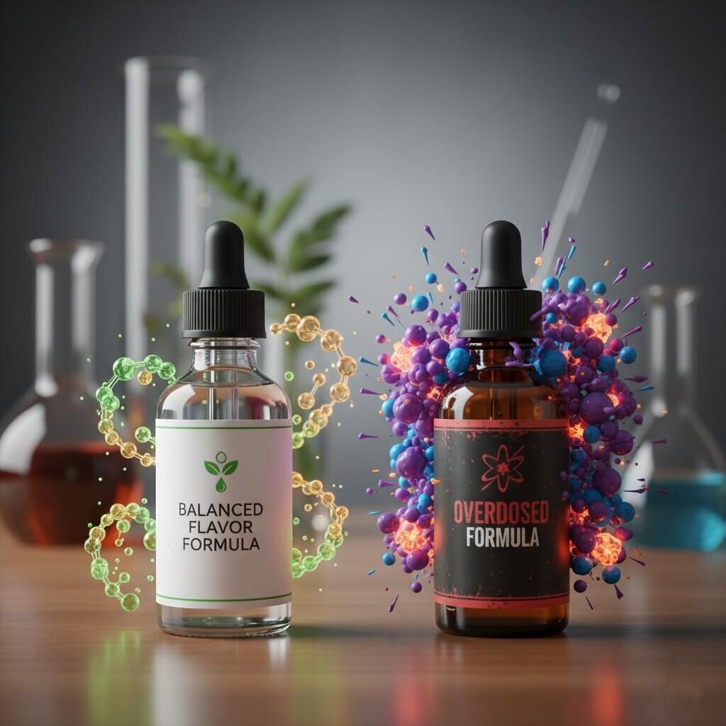 Explore the visual contrast between a "Balanced Flavor Formula" and an "Overdosed Formula" in e-liquids. This image vividly illustrates the impact of flavor concentration, with harmonious aroma molecules surrounding the balanced formula and chaotic, overwhelming molecules around the overdosed version, highlighting the importance of precise flavoring in vaping products.