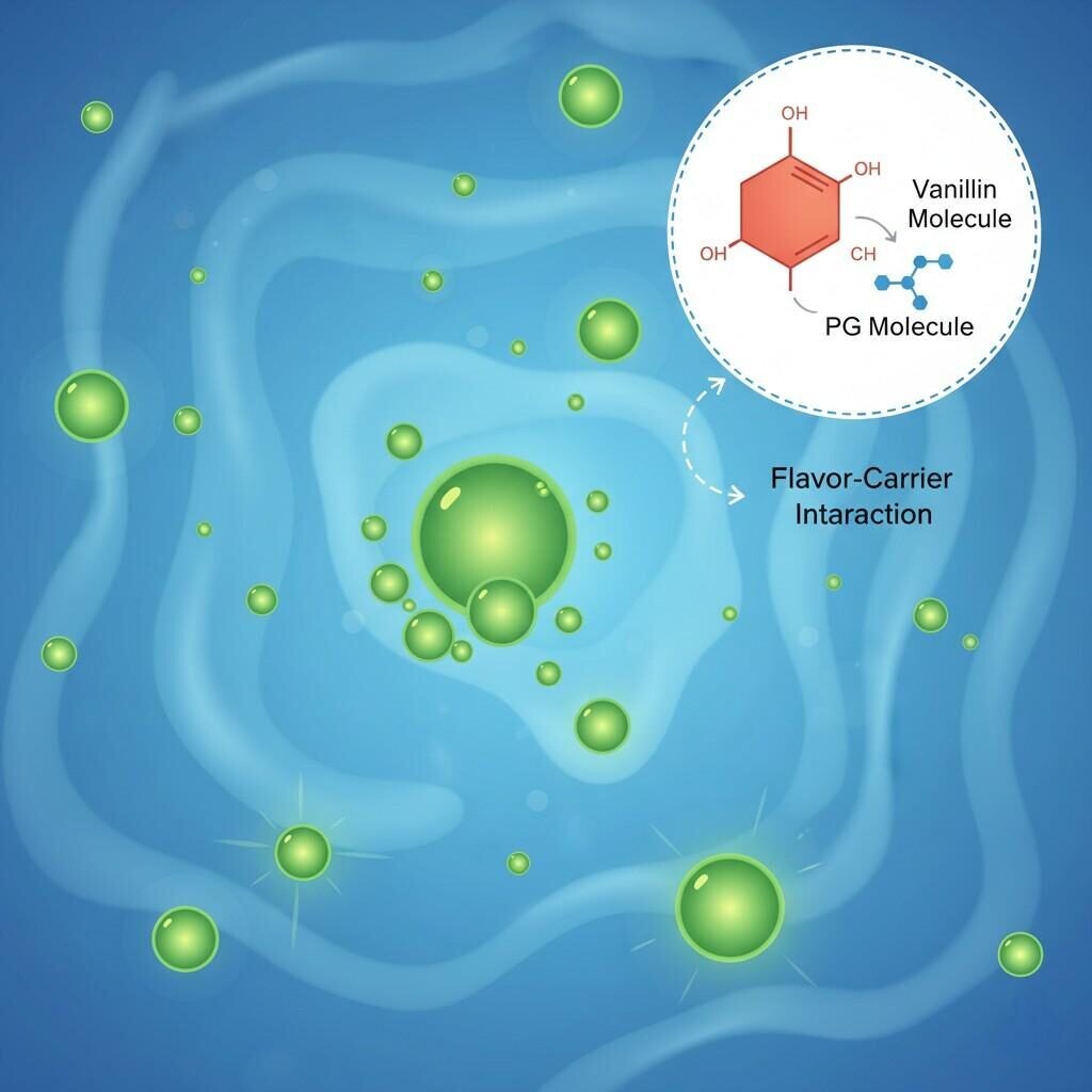 High-resolution micrograph illustrating e-liquid microstructure, showing flavor oil droplets (green) in a PG/VG base. An inset highlights the interaction between a vanillin flavor molecule and a propylene glycol (PG) carrier molecule.