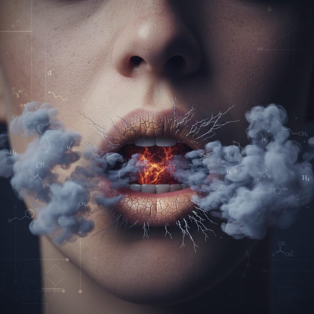 A stylized, scientific close-up image illustrating the sensory impact of vaping, specifically depicting an exhaled aerosol cloud with visual cues for dry mouth (parched lips, crackle texture) and a harsh throat hit (red glow/scratchy texture inside the throat), hinting at underlying chemical causes.