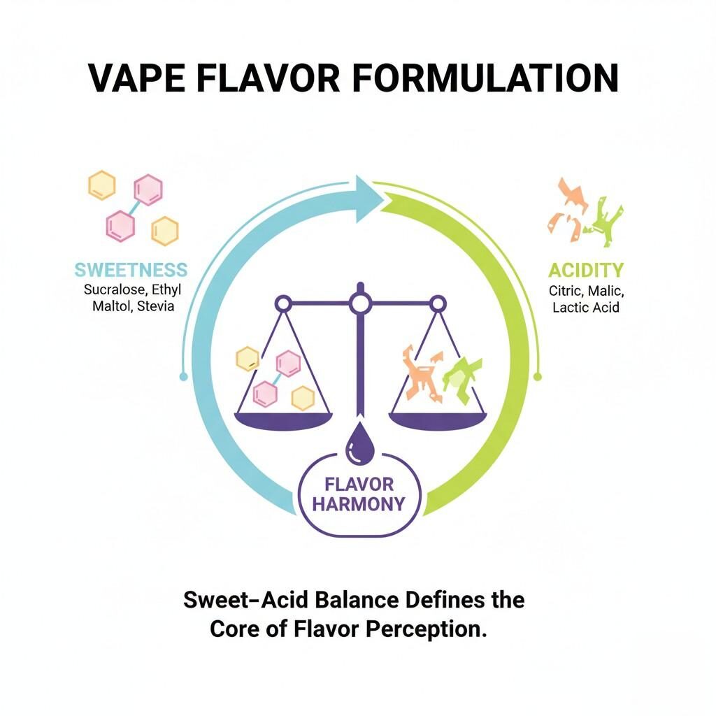 Explore the critical sweet-acid balance in vape flavor formulation with this detailed infographic. Understand how sweetness and acidity interact to create optimal flavor harmony in e-liquids, featuring key ingredients like sucralose, citric acid, and more.