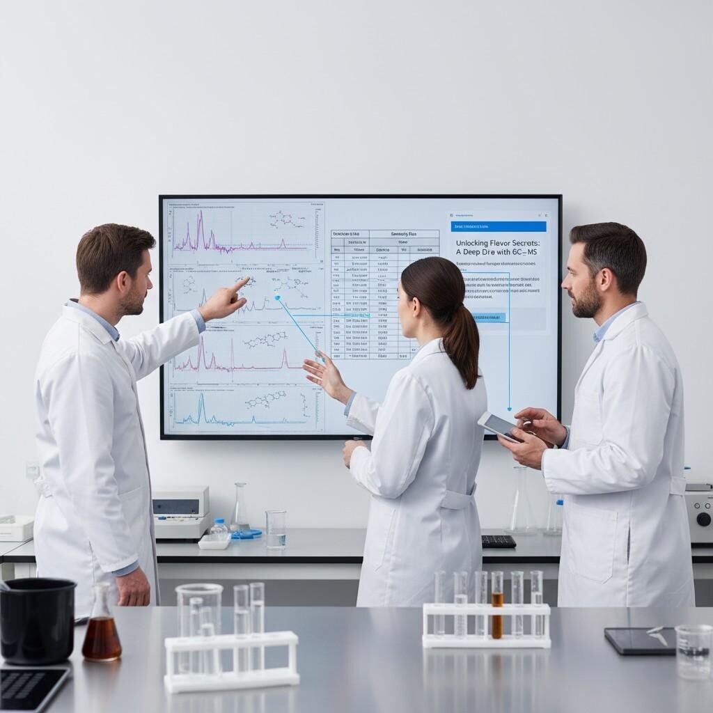 A cross-functional team, including R&D, QA, and marketing professionals, reviews a large monitor displaying GC-MS chromatograms, a sampling plan, and a blog draft. This image visually links lab science to content production, highlighting collaboration in the food industry to translate scientific data into market-ready information.