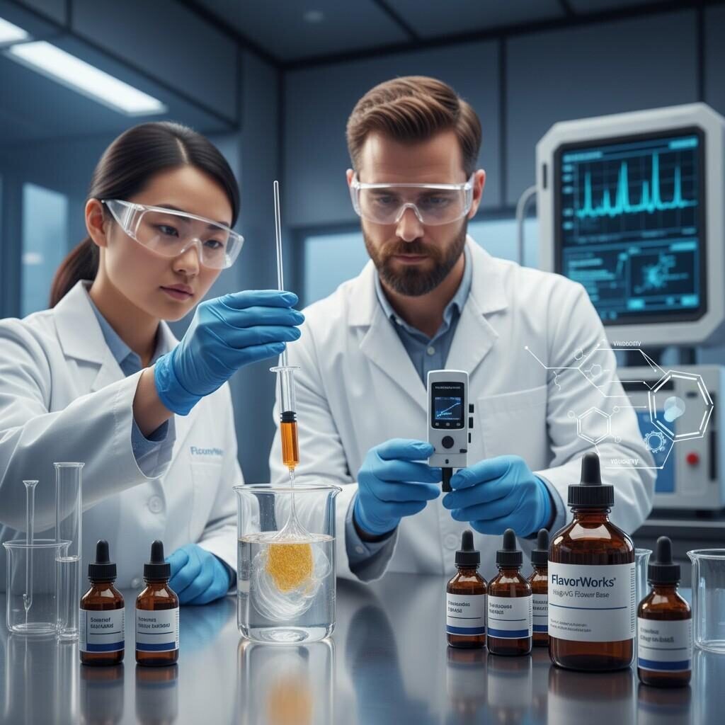 Professional image showing flavor scientists conducting quality control tests and rheological analysis on viscous high-VG e-liquid base to ensure optimal flavor performance and wicking.