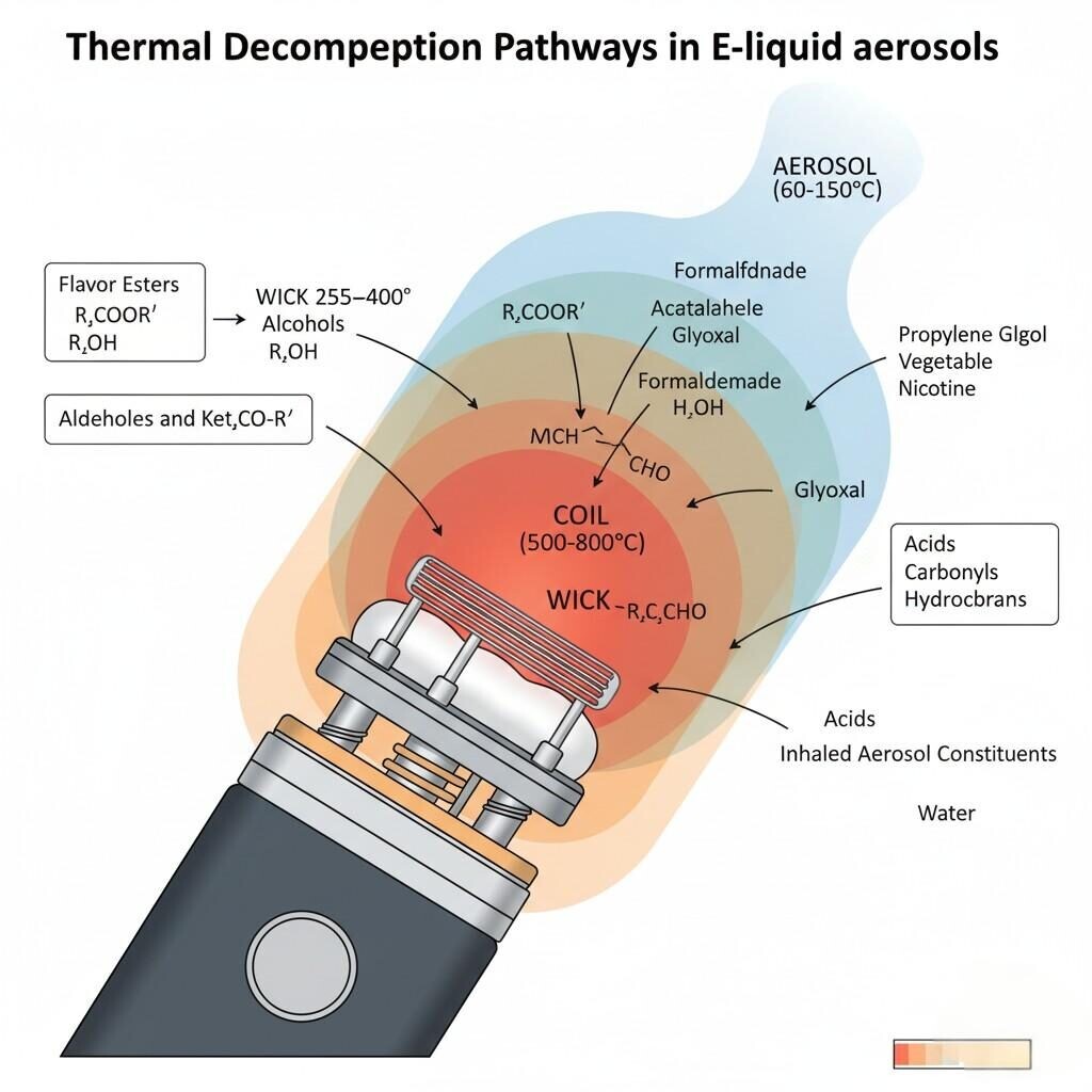 Conceptual diagram illustrating the thermal decomposition pathways of flavor esters, aldehydes, and acids within e-liquid aerosols during vaping, showing distinct temperature zones (coil, wick, aerosol) and the resulting chemical byproducts for an enhanced understanding of vaping chemistry.