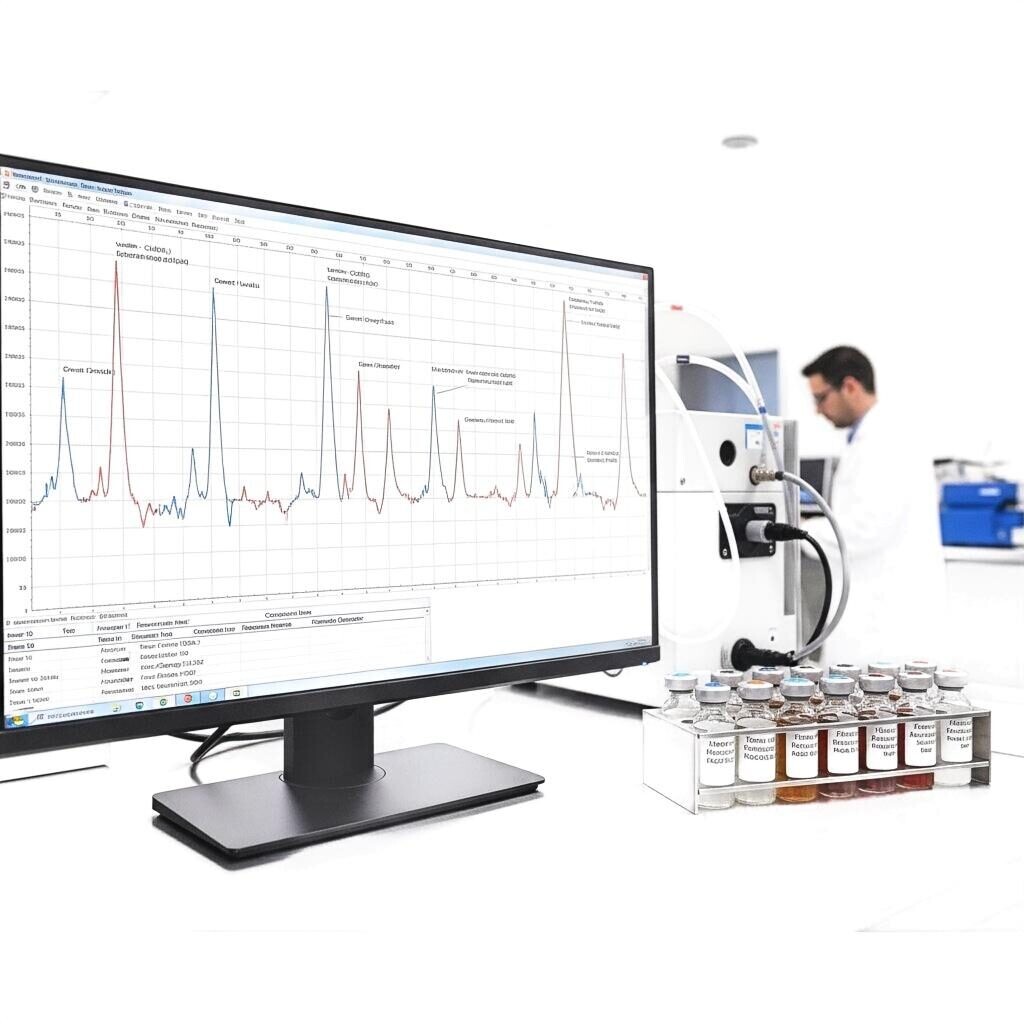 A laboratory scene illustrating a GC-MS chromatogram on screen with annotated peaks linked to sensory descriptors, alongside vials labeled with batch IDs, representing the crucial analytical "passport" used to secure and verify flavor identity.