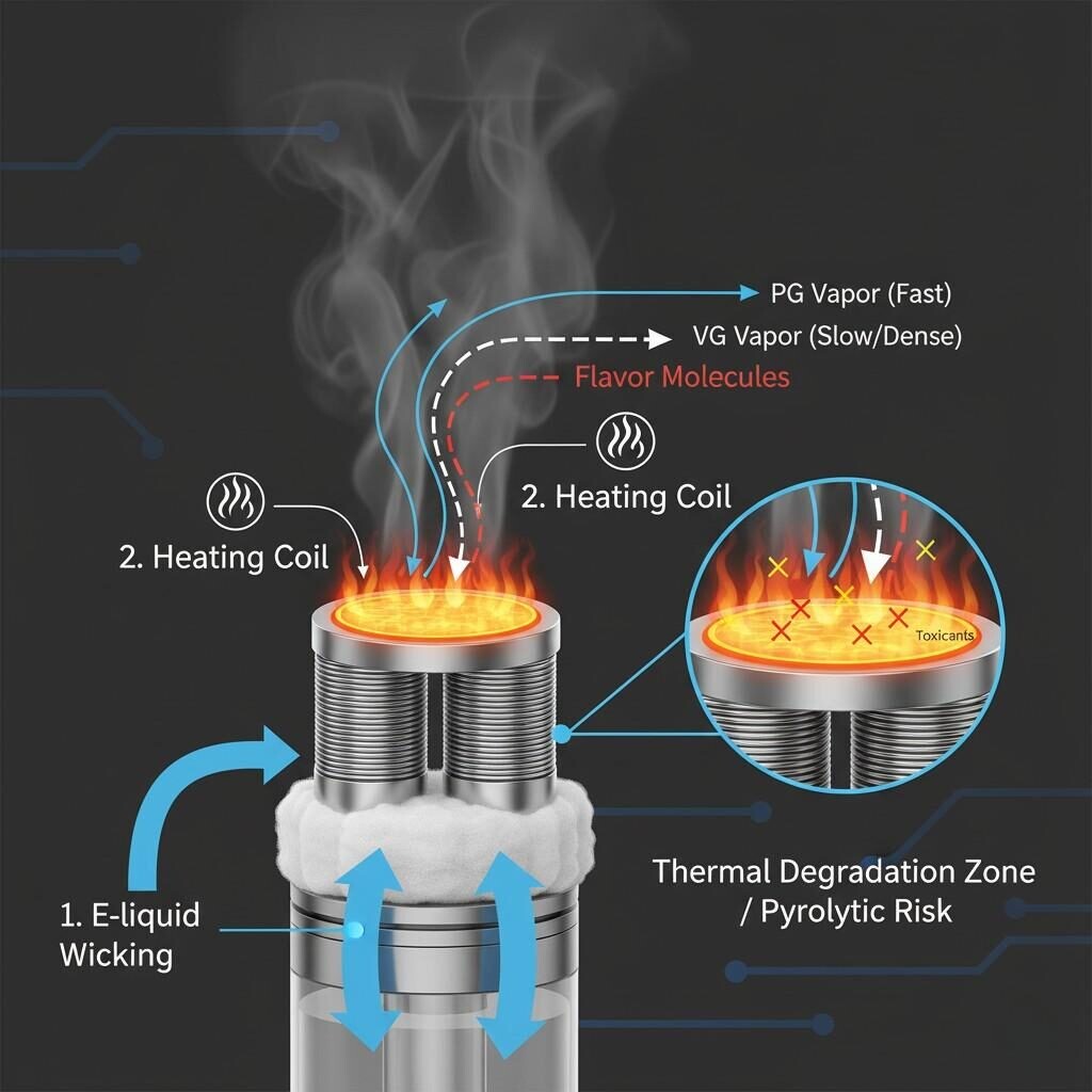 Technical diagram illustrating the e-liquid vaporization process in a vape coil, including wicking, heating, and the differential release of PG, VG, and flavor molecules. Highlights the "Thermal Degradation Zone" where flavor molecules can convert to toxicants.