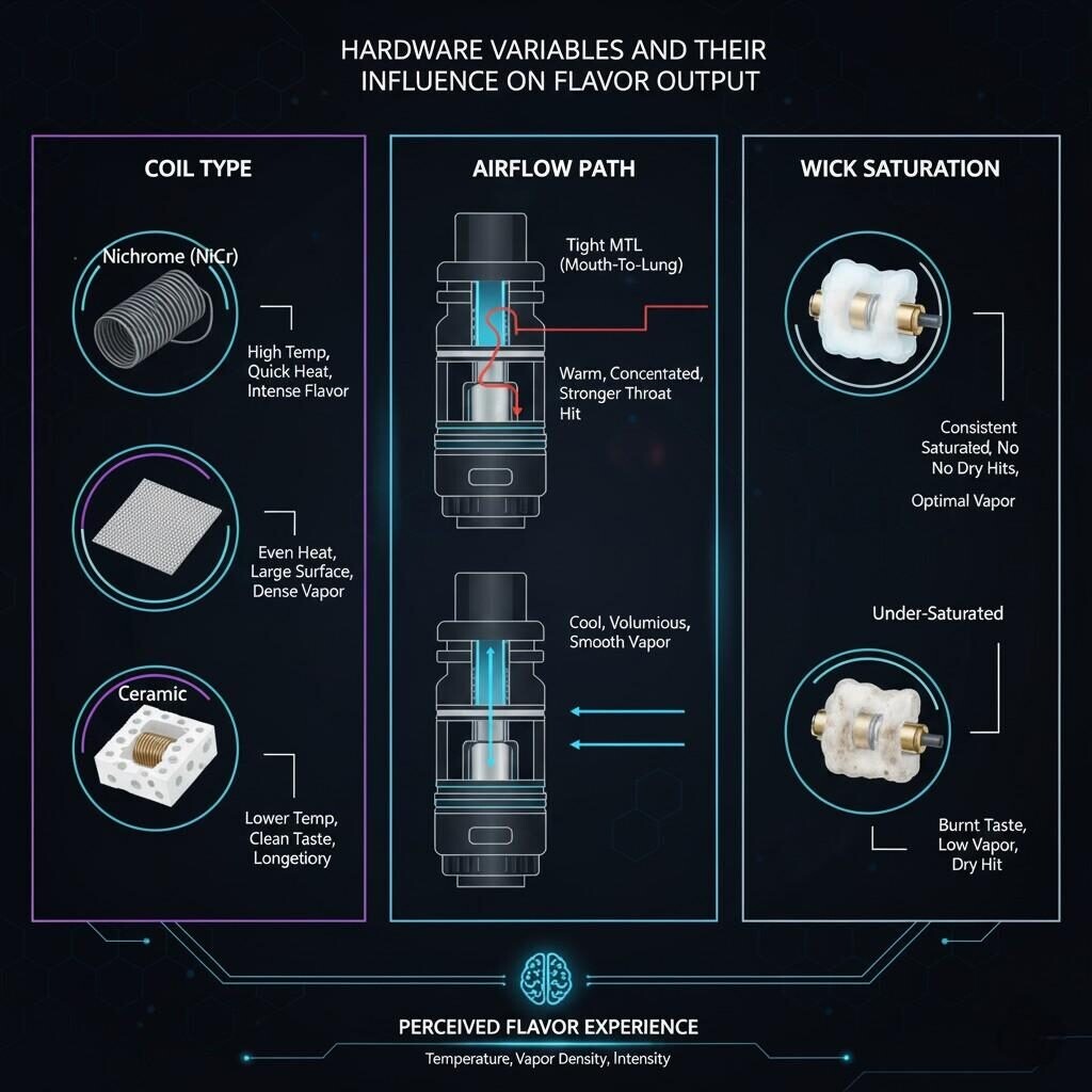A detailed multi-panel technical schematic illustrating "Hardware Variables and Their Influence on Flavor Output." This diagram compares coil types (nichrome, mesh, ceramic), airflow paths (tight MTL vs. open DL), and wick saturation levels, with annotations showing their effects on temperature, vapor density, and ultimately, the perceived flavor intensity for an optimized vaping experience.