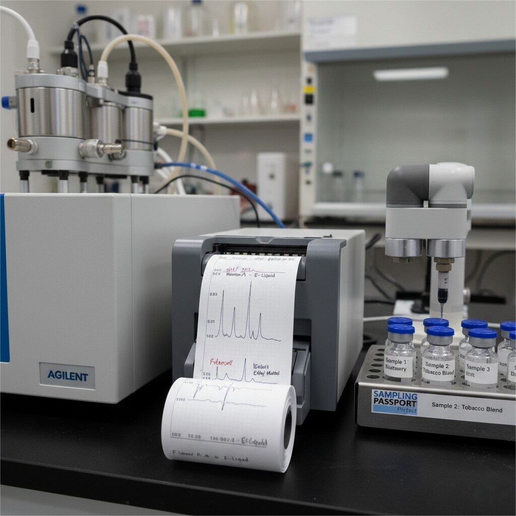 A close-up shot of a GC-MS instrument with an annotated chromatogram printout and labeled sample vials, illustrating the detailed analysis of e-liquid flavor concentrates for blog content.