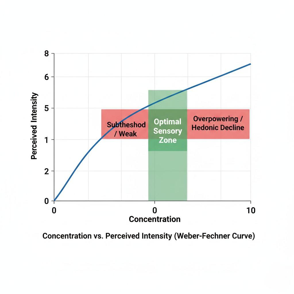 This graph illustrates the Weber-Fechner curve, showcasing the relationship between stimulus concentration and perceived intensity. It clearly delineates an "Optimal Sensory Zone" where flavor perception is ideal, alongside areas of sub-threshold/weak perception and overpowering/hedonic decline, crucial for understanding sensory experiences in products like e-liquids and food.