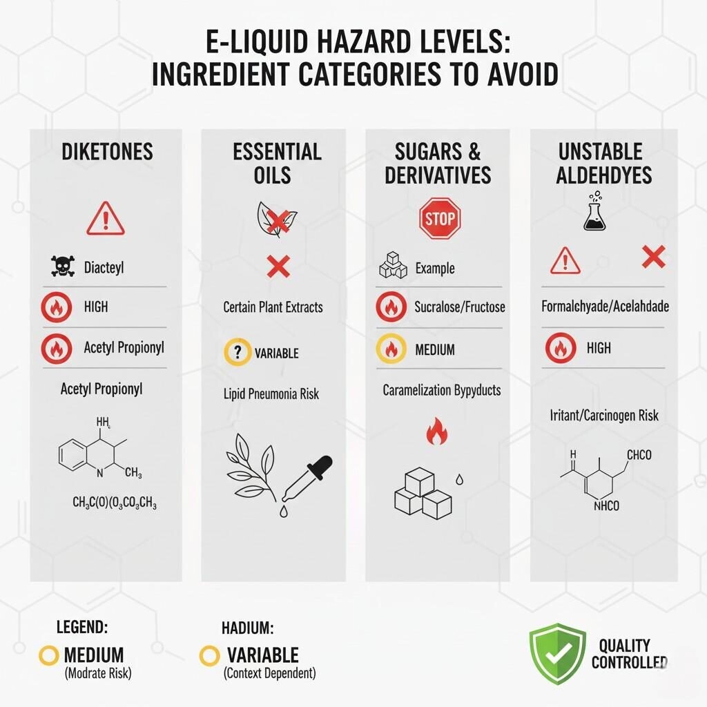 This chemical hazard chart visually outlines risky e-liquid ingredient categories such as diketones, essential oils, sugars, and unstable aldehydes. Understand the hazard levels associated with each type to make informed decisions about vaping safety.