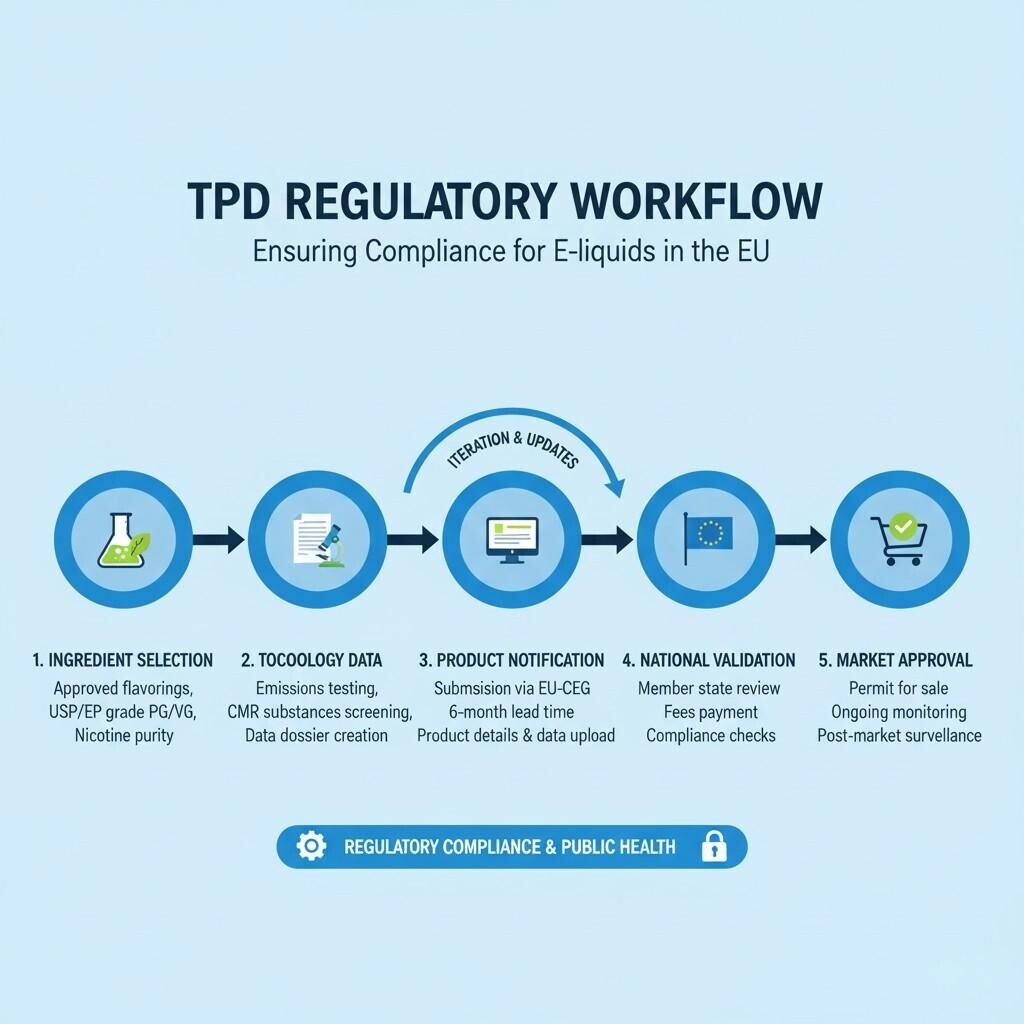 A clear diagram outlining the TPD (Tobacco Products Directive) regulatory workflow for e-liquids, ensuring compliance within the EU. The process flows from meticulous ingredient selection and generation of toxicology data, through product notification and national validation, to final market approval. It also highlights the iterative nature of the process and the overarching goals of regulatory compliance and public health.