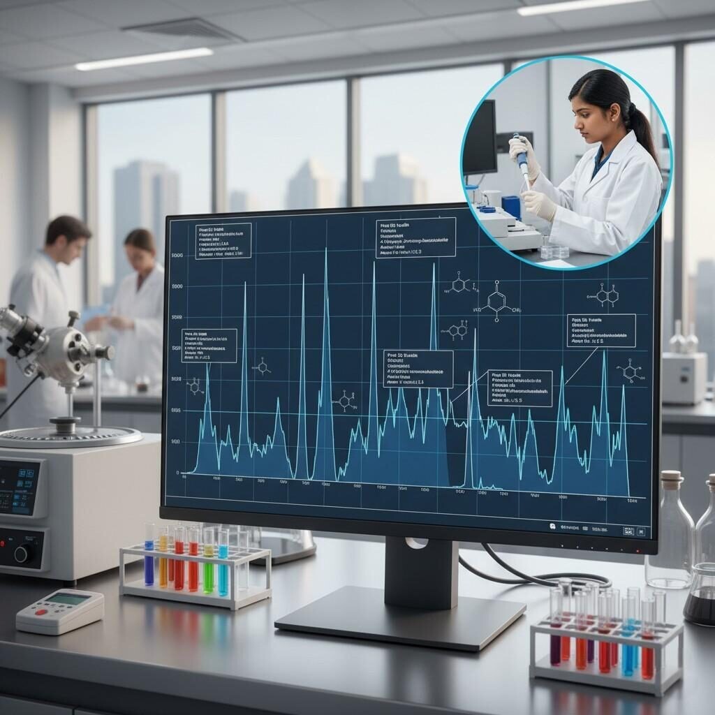 This high-resolution image features an annotated GC-MS chromatogram with detailed peak IDs and retention indices, showcasing precise flavor compound identification. An inset photo captures a lab analyst meticulously preparing samples, visually linking advanced analytical science with practical laboratory work. Perfect for blogs on food science, analytical chemistry, and quality control.