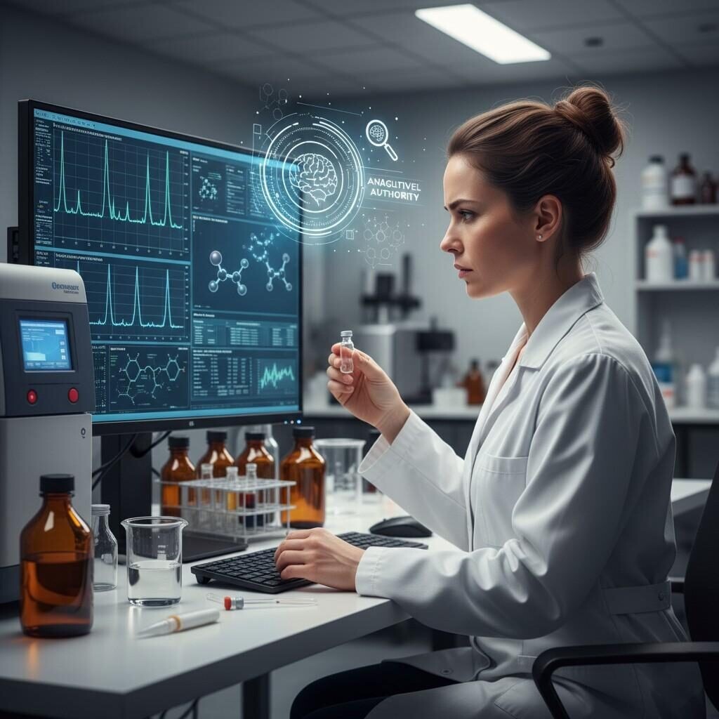 A close-up image of a professional flavorist meticulously analyzing complex chromatographic data on a computer screen, surrounded by GC-MS equipment and various flavor samples. This visual emphasizes analytical precision and cognitive authority, highlighting how expertise and data-driven insights establish trust in e-liquid flavor manufacturing.