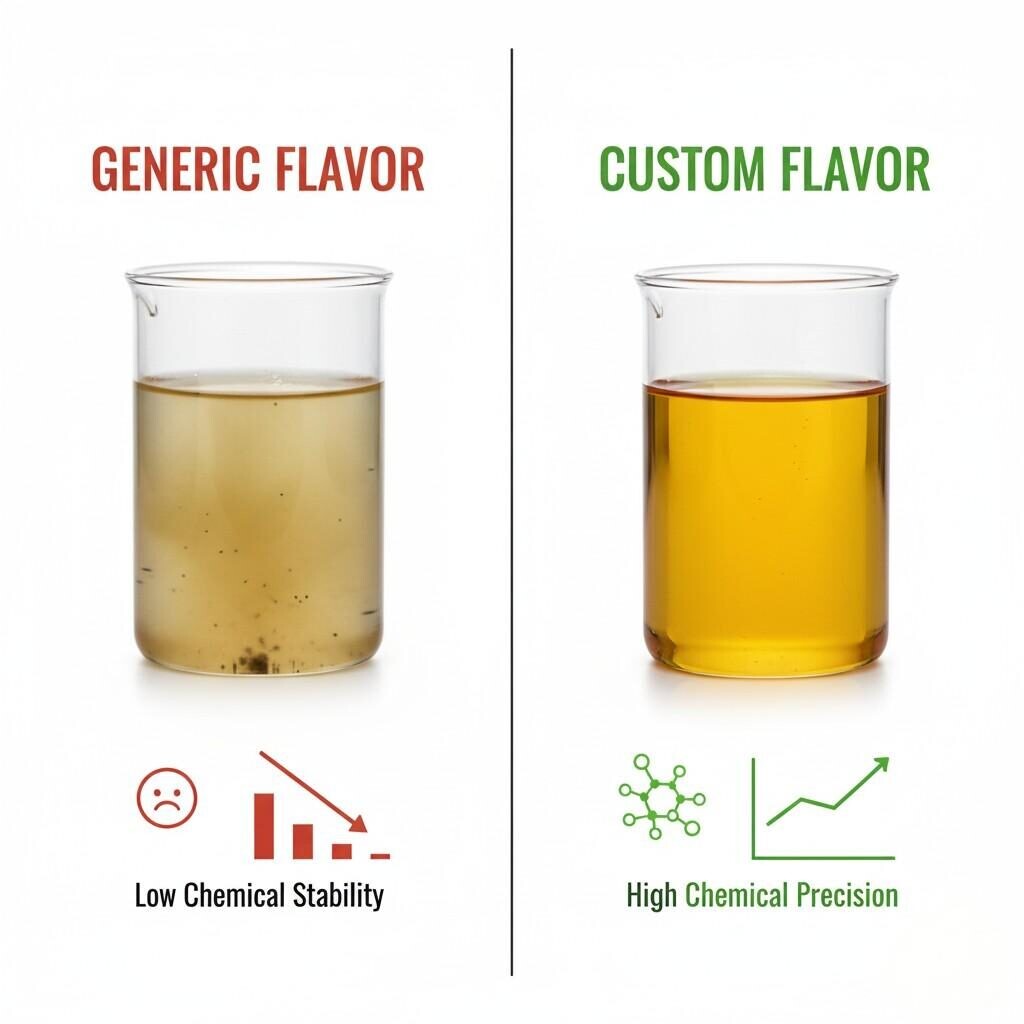 A split-screen visual vividly compares "Generic Flavor" e-liquid, showing discoloration and degradation indicative of low chemical stability, against a "Custom Flavor" e-liquid, which maintains pristine clarity and consistency, symbolizing high chemical precision and superior quality.