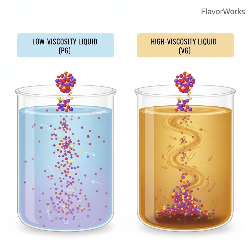 Visual representation of flavor migration: quick diffusion in low-viscosity PG versus slow, hindered diffusion in high-viscosity VG, explaining the need for extended steeping in high-VG e-liquids.