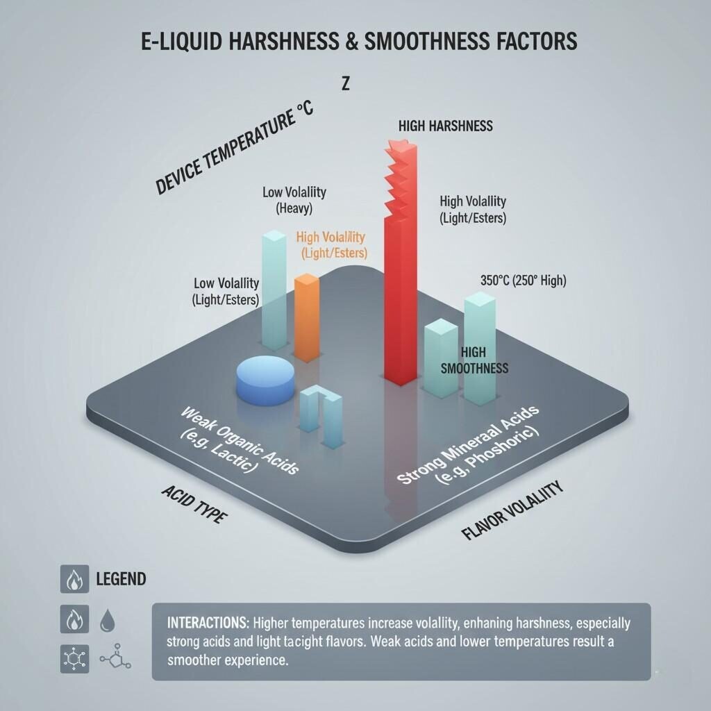 A 3D diagram illustrating the complex interplay between acid type (weak organic vs. strong mineral), flavor compound volatility (low vs. high), and device temperature in determining the harshness and perceived smoothness of e-liquids.
